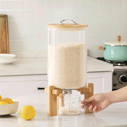 HBlife 5-7 Lbs Glass Rice Dispenser with Wooden Stand Flour and Cereal Container with Glass Measuring Cup Pantry Food Organization Storage Bin with Airtight Bamboo Lid, 3L