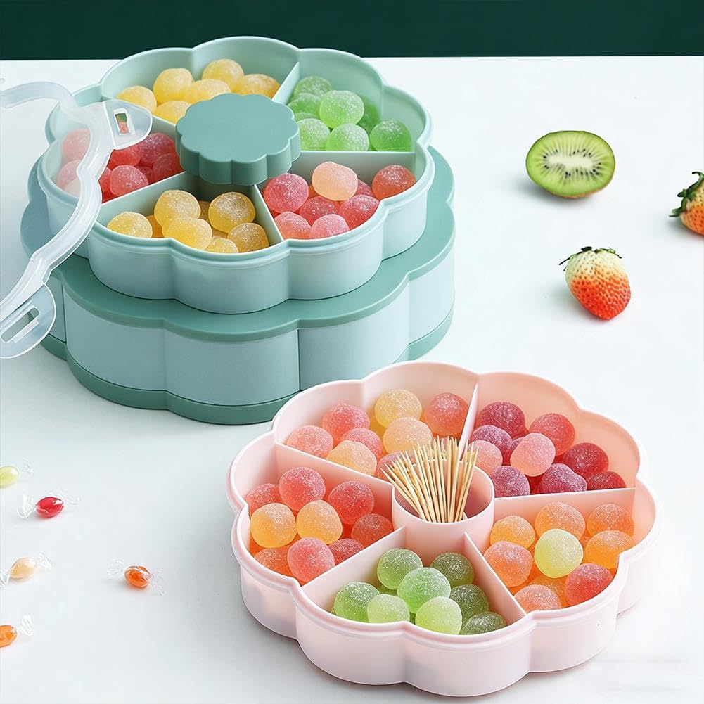 Divided Serving Tray that Spins - Perfect for Snacks, Dips & Party Appetizers, Rotating Snack Box Container with Lid,Double-Layer Lazy Susans Organizer Veggie Fruit Tray for Kitchen,Travel and Picnic