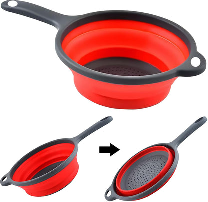 Kitchen Collapsible Colanders Set,Collapsible Colanders with Handles,Dishwasher Safe,Space-Saver Folding Strainer Colander for Draining Pasta Vegetable Fruits (Red)