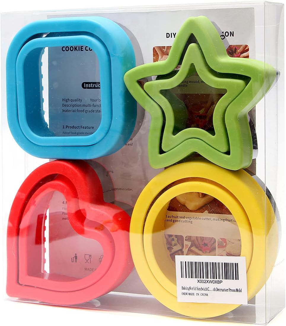 BakingWorld Sandwich Cutter and Sealer,Set of 4 Bread Sandwich Decruster Pancake Maker DIY Cookie Cutters for Kids Bento Box,Round Heart Star Square Shapes Sandwich Decruster Press Mold