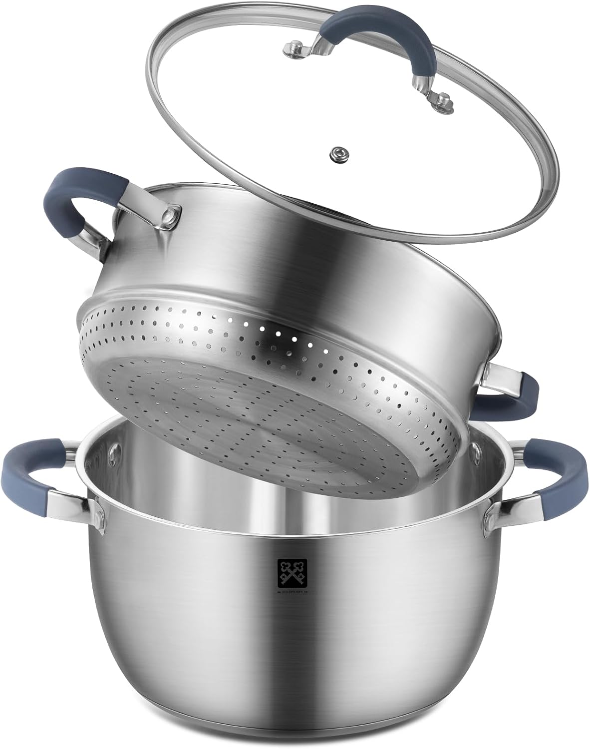 GOLDEN KEY 3.2 QT Steamer Pot With Lid - 2-Tier 18/8 Stainless Steel，Multipurpose Steaming Cookware with Vegetable Steam Basket, Oven & Dishwasher Safe, Triple Bottom for Even Heating, Perfect for Dumplings, Seafood and Vegetables