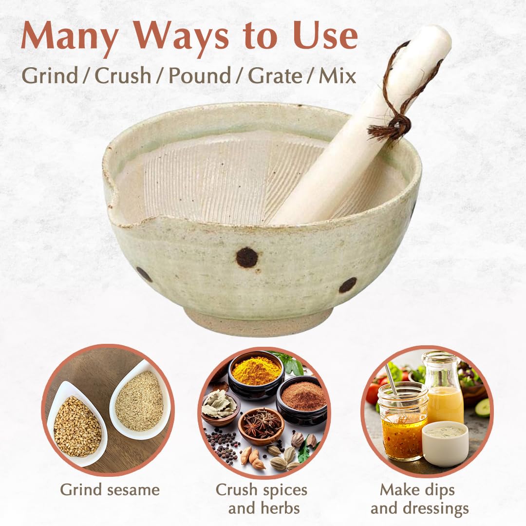 TIKUSAN Japanese Ceramic Ripple Ridge Mortar & Pestle Suribachi Bowl and Surikogi Set with Spout 7.1 inches Made in Japan (Brown)