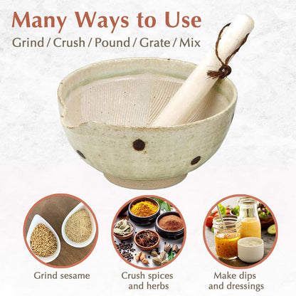 TIKUSAN Japanese Ceramic Ripple Ridge Mortar & Pestle Suribachi Bowl and Surikogi Set with Spout 7.1 inches Made in Japan (Brown)