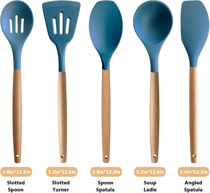 Kitchen Cooking Utensils Set, 6Pcs Silicone Kitchen Utensils Set Spatula Spoon Soup Ladle Turner, Heat Resistant Wooden Handle Silicone Cooking Gadgets for Nonstick Cookware & Baking BPA FREE