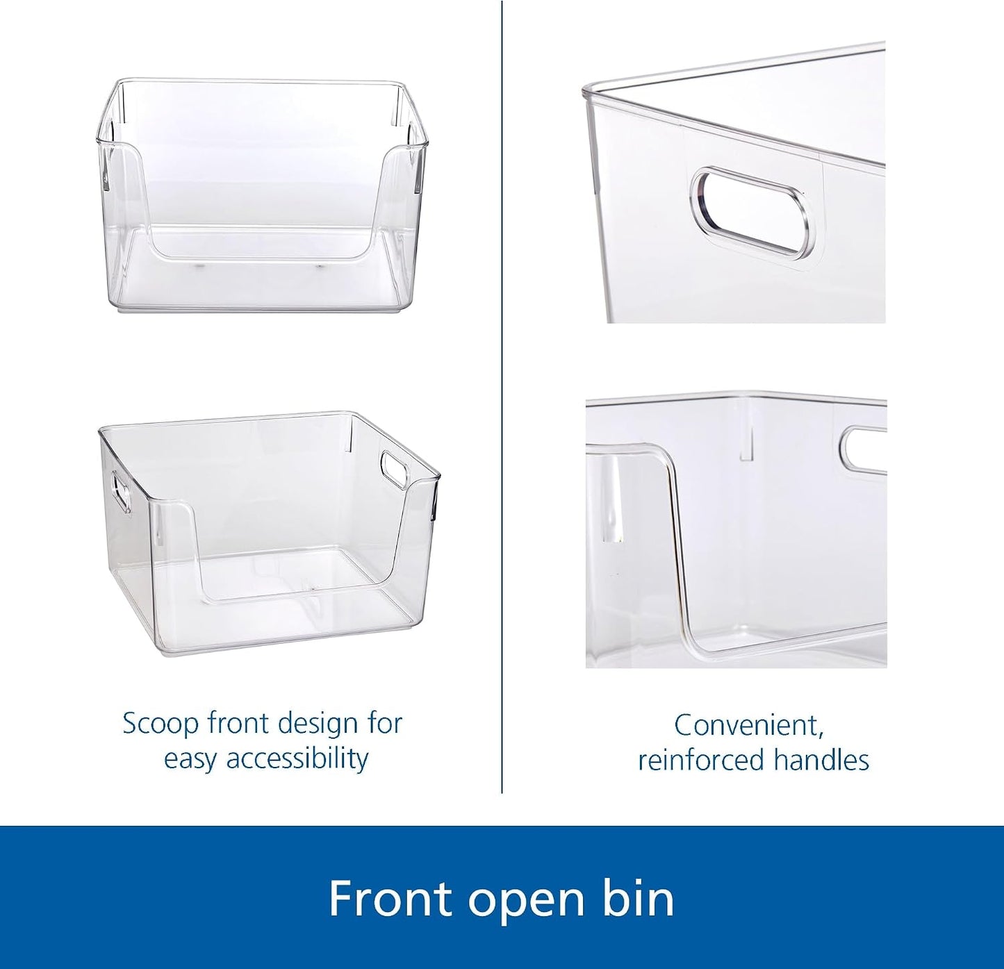 3 Pack Clear Glossy Plastic Open Front Storage Bins, Adult Single Size Easy Reach Organizer Containers for Closet, Pantry, Bathroom Cabinet, Cosmetics & Household Supplies