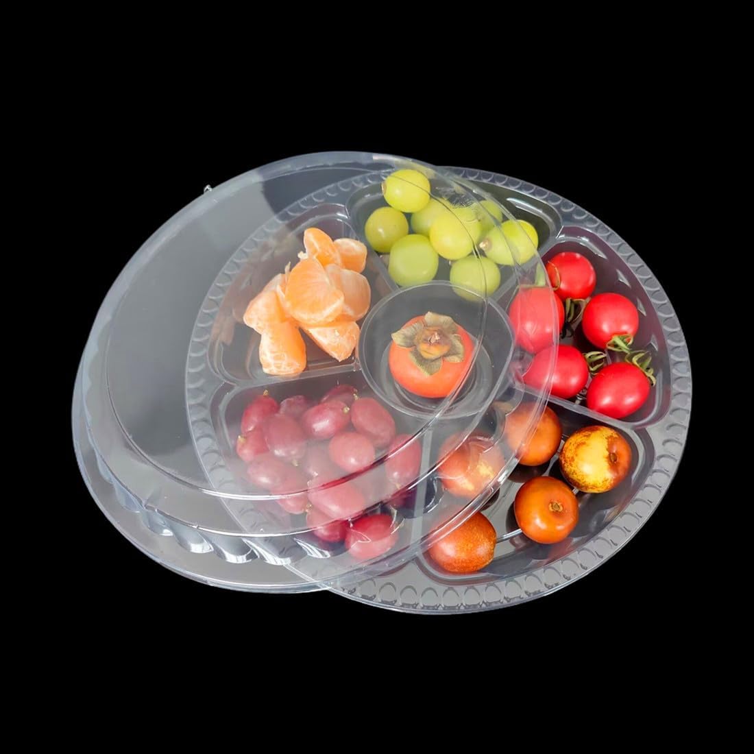 Clear Plastic Appetizer Trays with Lids, Travel Round Disposable Compartment Serving Platters,6 Sectional Catering Trays for Vegetable Salad Food for Fruit Veggie Snack Food Containers (12 Pack)