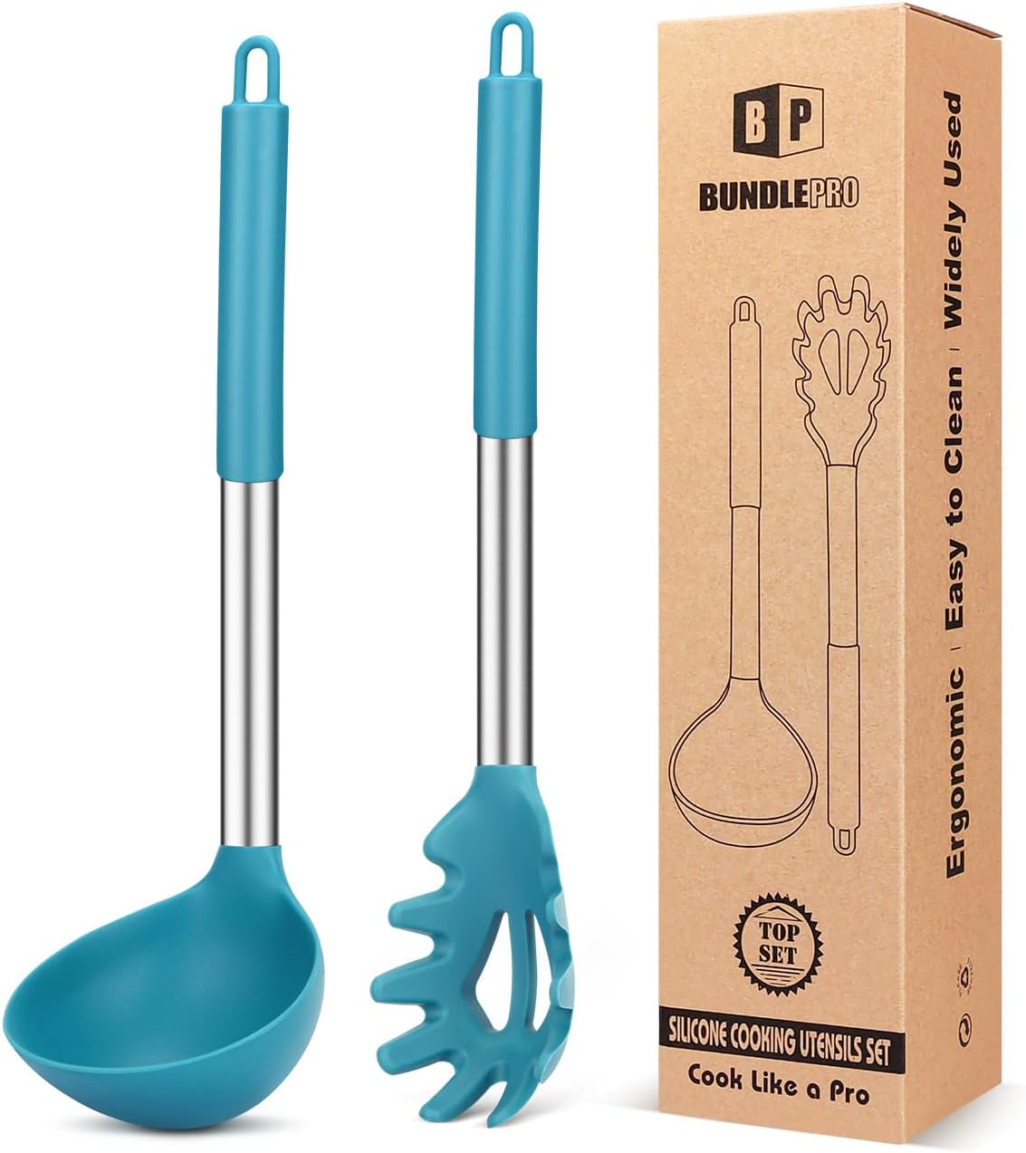 BUNDLEPRO Silicone Soup Ladle and Pasta Spoon Set, 2 Pack, Gray