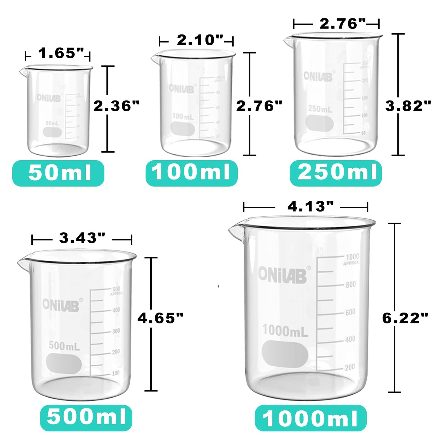 ONiLAB Glass Measuring Beaker Set 50ml 100ml 250ml (Pack of 3) 3.3 Boro Griffin Low Form with Printed Graduation Scientific Glassware for Laboratories, Classrooms or Home Use 13900244
