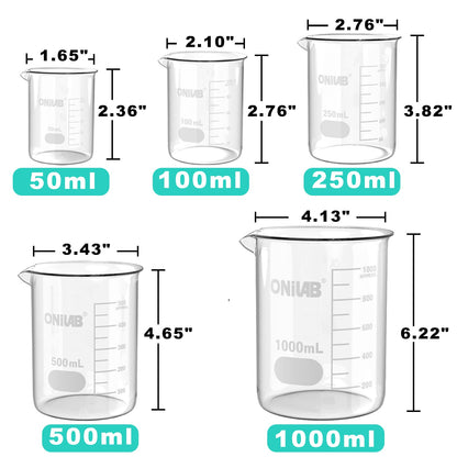 ONiLAB Glass Measuring Beaker Set 50ml 100ml 250ml (Pack of 3) 3.3 Boro Griffin Low Form with Printed Graduation Scientific Glassware for Laboratories, Classrooms or Home Use 13900244