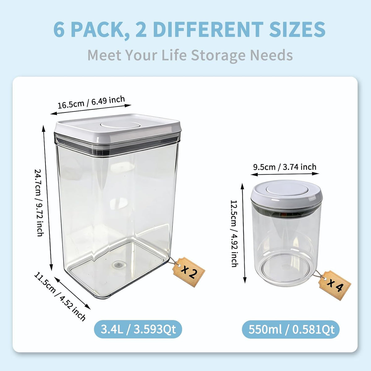 Airtight Pop Top Food Storage Container Sets with Lids 6Pcs Round Rectangle Pop Containers for Kitchen Pantry Organization BPA-Free Stackable Kitchen Storage for Cereal Flour Sugar 0.6qt *4, 3.6qt *2
