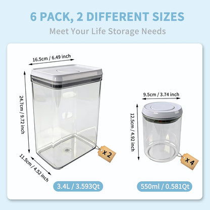 Airtight Pop Top Food Storage Container Sets with Lids 6Pcs Round Rectangle Pop Containers for Kitchen Pantry Organization BPA-Free Stackable Kitchen Storage for Cereal Flour Sugar 0.6qt *4, 3.6qt *2