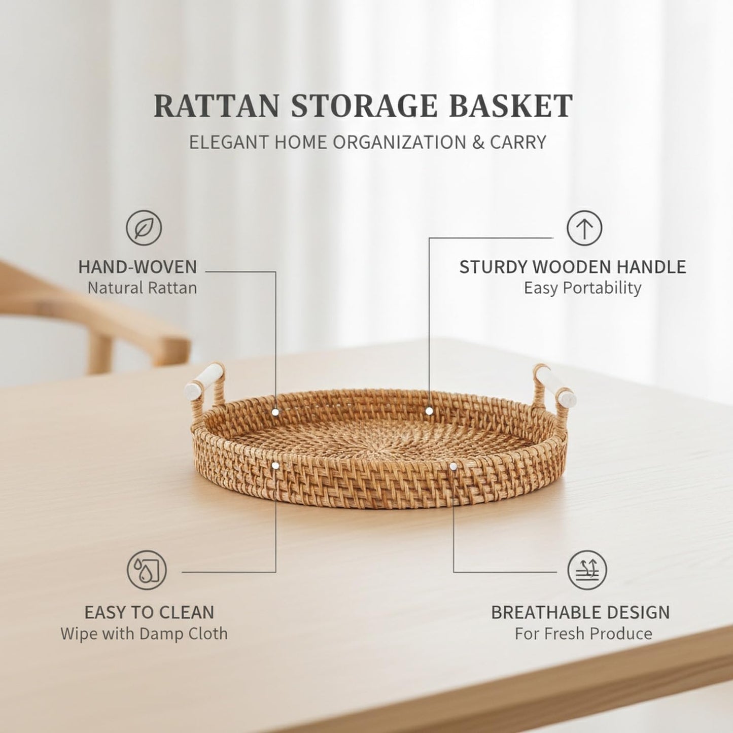 Hand Woven Rattan Basket with Wooden Handle, Natural Open Weave Storage Bin for Countertop Organization, Produce, and Snacks