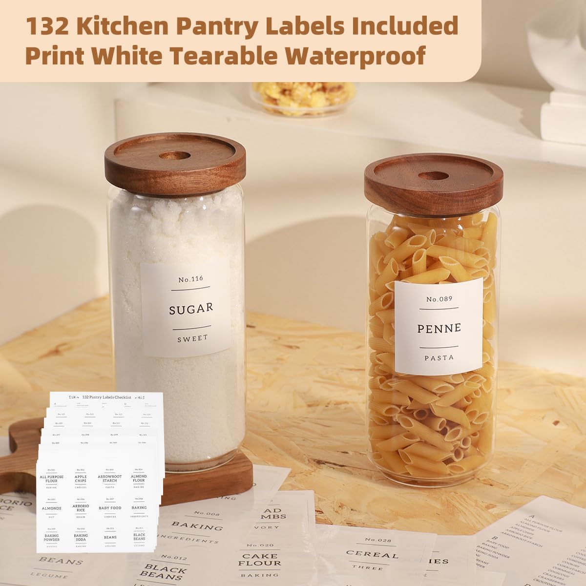 2 Pack Large Glass Flour and Sugar Storage Containers with Airtight Acacia Wood Lids and 132 Kitchen Pantey Labels Preprint - 1 Gallon Borosilicate Glass Canister Sets for Food,Pasta,Cookie,Rice