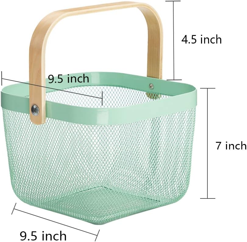 Mesh Steel Storage Organizer Basket Fruit Basket Bin with Wood Handle Ideal for Kitchen Bathroom Picnic Baskets Pantry Cabinets Storage Home Decor (White)