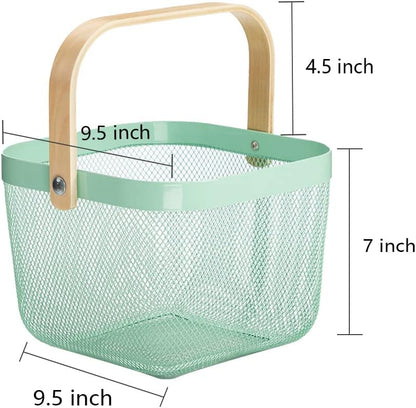 Mesh Steel Storage Organizer Basket Fruit Basket Bin with Wood Handle Ideal for Kitchen Bathroom Picnic Baskets Pantry Cabinets Storage Home Decor (White)