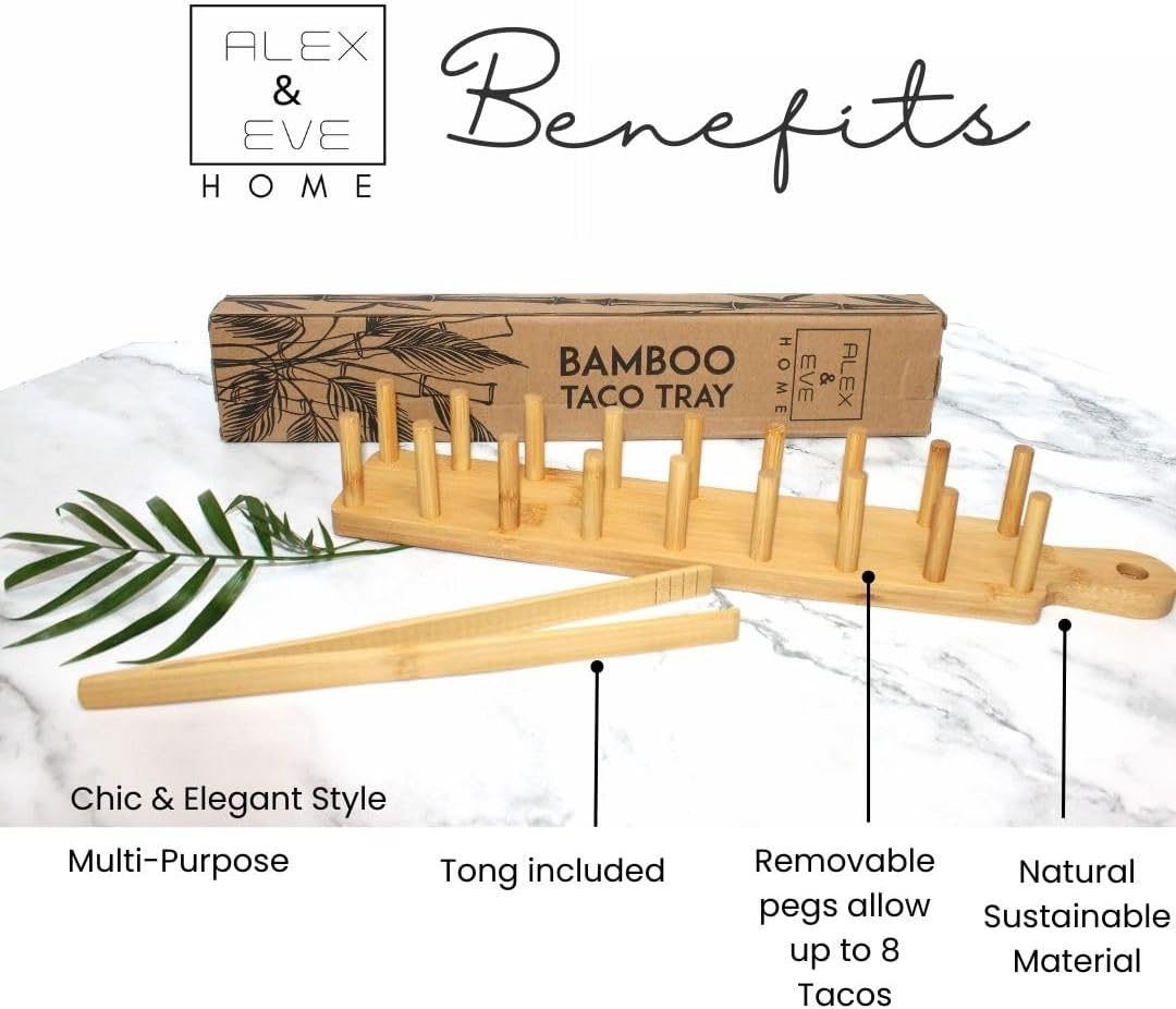 ALEX & EVE HOME Bamboo Taco Holder - 8 Taco Shells, Multi-Use Food & Charcuterie Tray - Great Housewarming Gift & Kitchen Accessory
