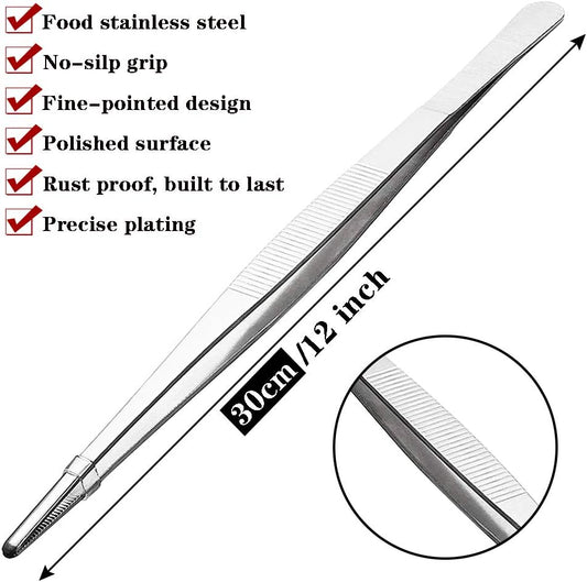 Kitchen Tweezers Tongs Stainless Steel 12 Inch Long Tweezers Heavy Duty large food tweezers with Precision Serrated Tips for Cooking (12" Straight)