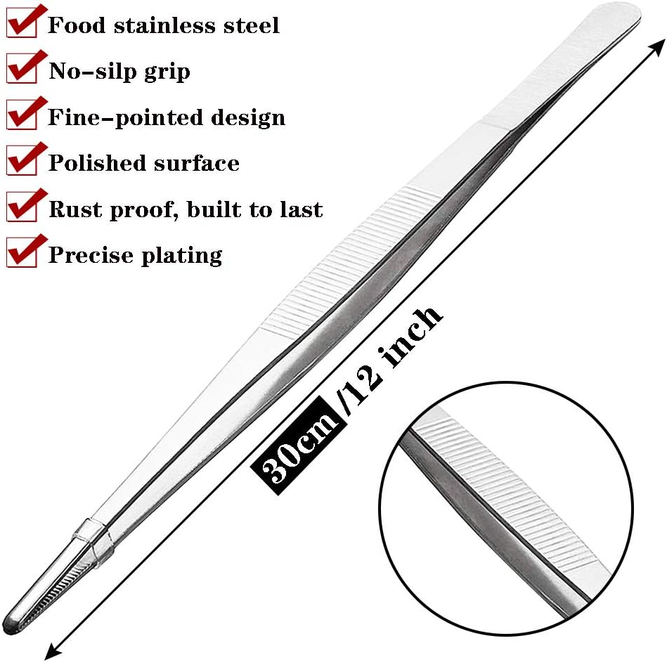 Kitchen Tweezers Stainless Steel 8 Inch Long Tweezers Tongs, Heavy Duty large food tweezers with Precision Serrated Tips for Cooking(8" Straight+Curved)