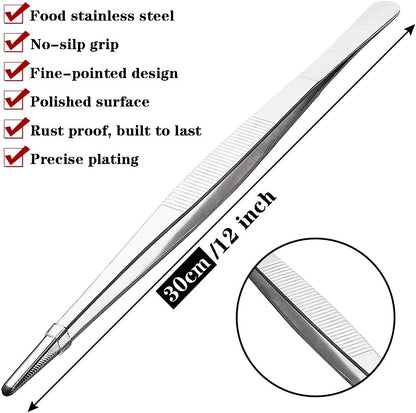 Kitchen Tweezers Stainless Steel 8 Inch Long Tweezers Tongs, Heavy Duty large food tweezers with Precision Serrated Tips for Cooking(8" Straight+Curved)
