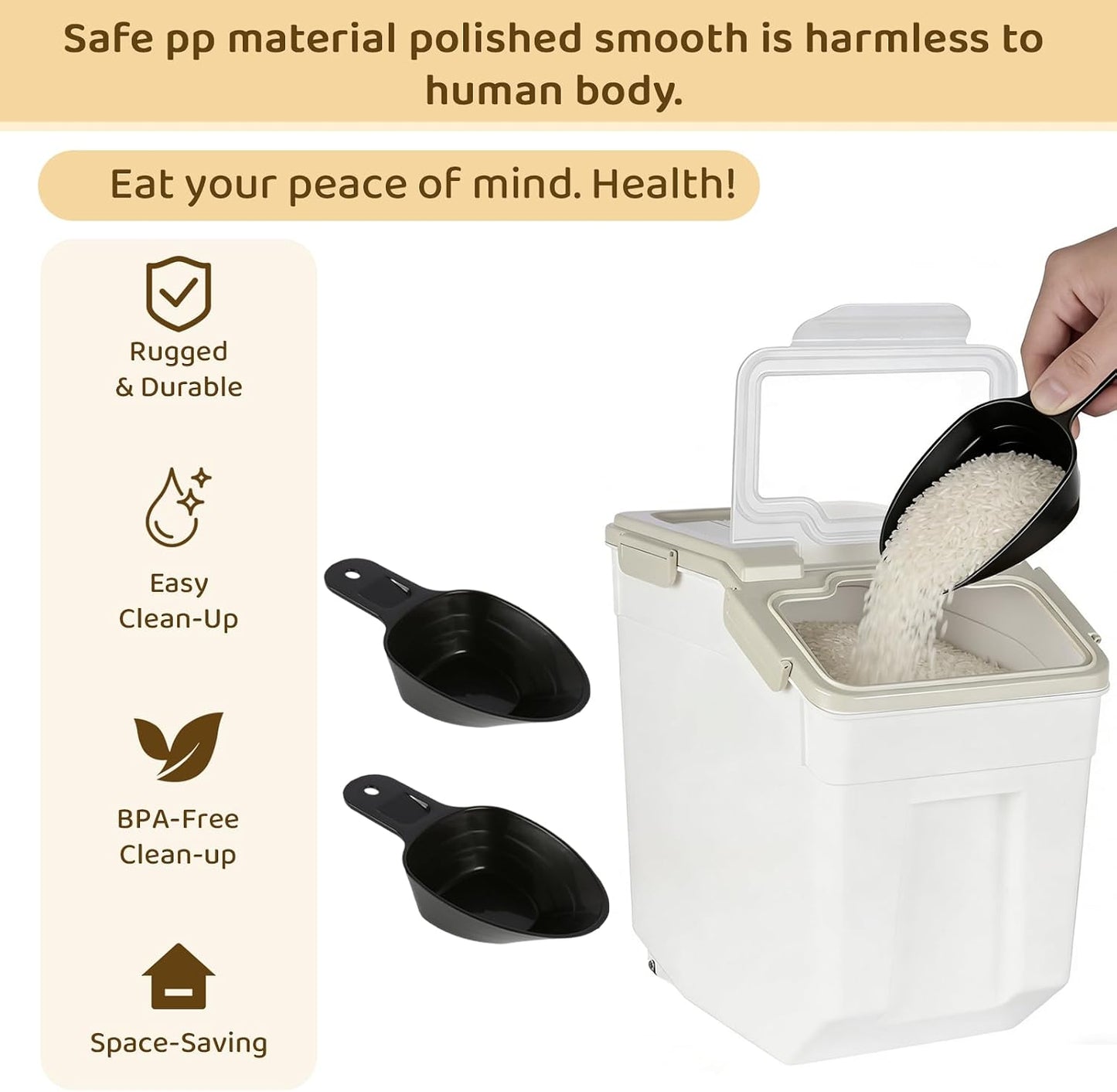 Rice Storage Container 25 lbs, Grey, 2 Pack | Airtight, with Wheels, Locking Lid, Measuring Cup Included, for Flour Sugar Grain Cereal
