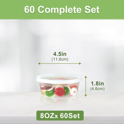 Dipoo 60 Sets (120-Piece) Deli Containers with Lids, 32/16/8 oz X 20 Set Each, Leak-Proof & BPA Free Airtight Takeout Plastic Food Storage Containers for Soup, Freezer/Microwave/Dishwasher Safe