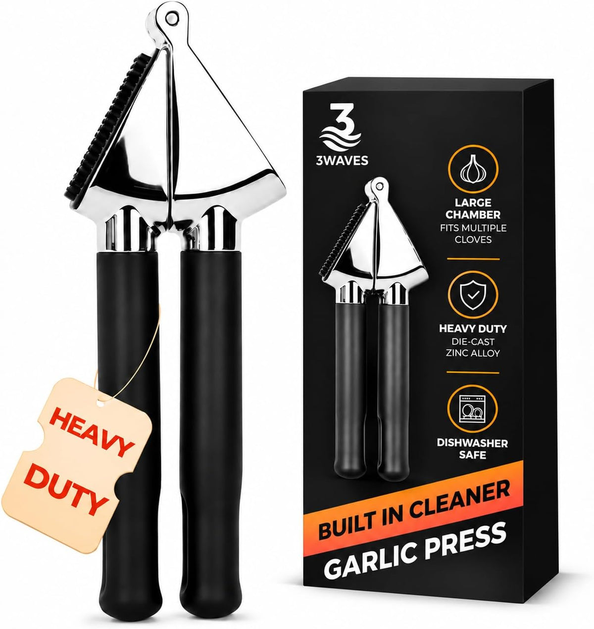 3WAVES Heavy-Duty Garlic Press, Built-In Cleaner, Ergonomic SoftGrip Handle