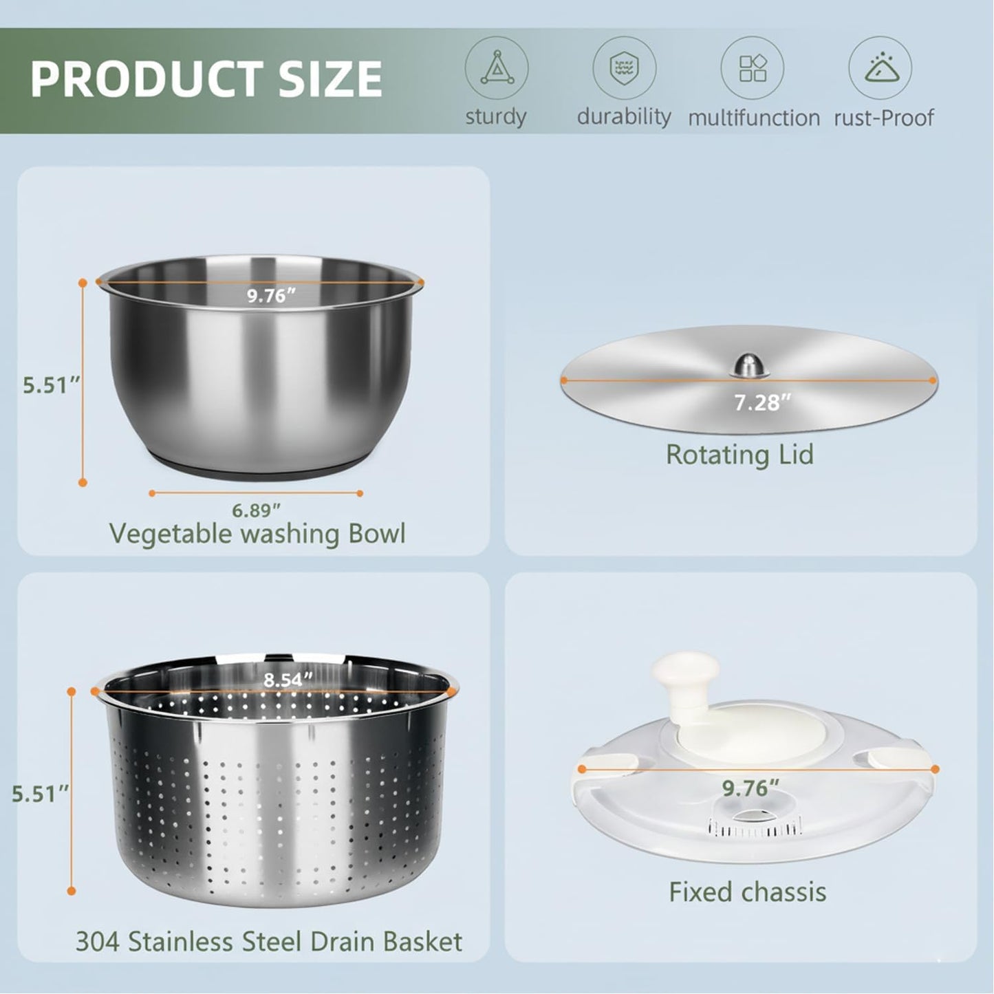 6L-Stainless Steel Salad Rotator, Non-Slip Base, Vegetable Dishwasher, Multi-Use Lettuce Spinner, Kitchen Strainers.