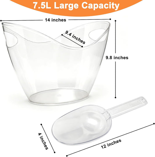 7.5L Large Ice Bucket for Parties with Scoop, Clear Plastic for Cocktail Bar | Beverage Cooler Tub for Wine, Champagne, Beer & Drinks. Durable Container for Mimosa Bar, BBQs, Home Bar & Events.