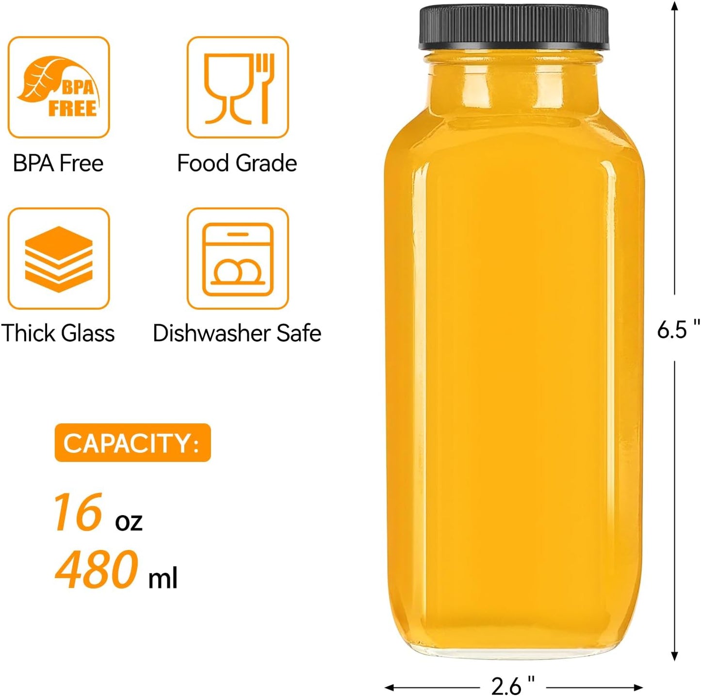 TUZAZO 10 Pack 12 Oz Glass Juice Bottles with Lids, Reusable Travel Drinking Jars Juice Containers, Glass Bottles for Juicing with Brush, Straws, Lids with Hole