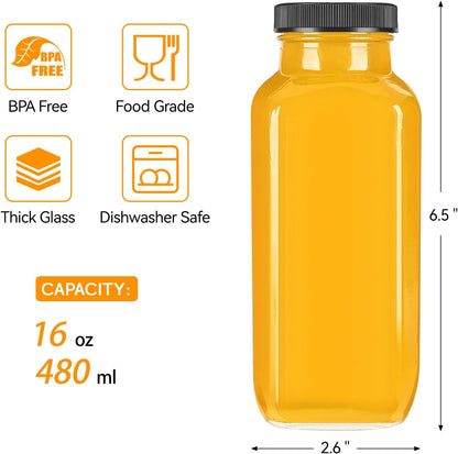 TUZAZO 10 Pack 12 Oz Glass Juice Bottles with Lids, Reusable Travel Drinking Jars Juice Containers, Glass Bottles for Juicing with Brush, Straws, Lids with Hole