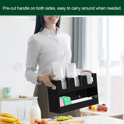 Disposable Coffee Cup Dispenser with Handles, 2-Tier 4 Compartments Clear Acrylic Paper Cup and Lid Storage Organizer for Coffee Bar Kitchen Accessories Restaurant Breakroom Party Supplies
