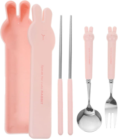 4 PCS Travel Utensils with Case, Portable Stainless Steel Reusable Cutlery Set for Lunch Box, Includes Spoon Fork Chopsticks, Small Pink Cartoon Flatware for Students, Kids School, Office, H