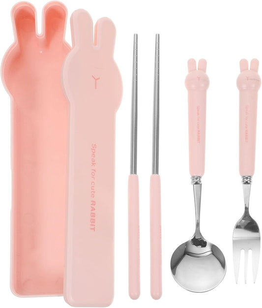 4 PCS Travel Utensils with Case, Portable Stainless Steel Reusable Cutlery Set for Lunch Box, Includes Spoon Fork Chopsticks, Small Pink Cartoon Flatware for Students, Kids School, Office, H