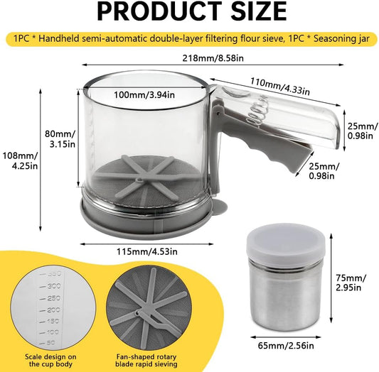 Flour Sifter for Baking with Seasoning Jar, 3 Cup, Hand Press Baking Sieve