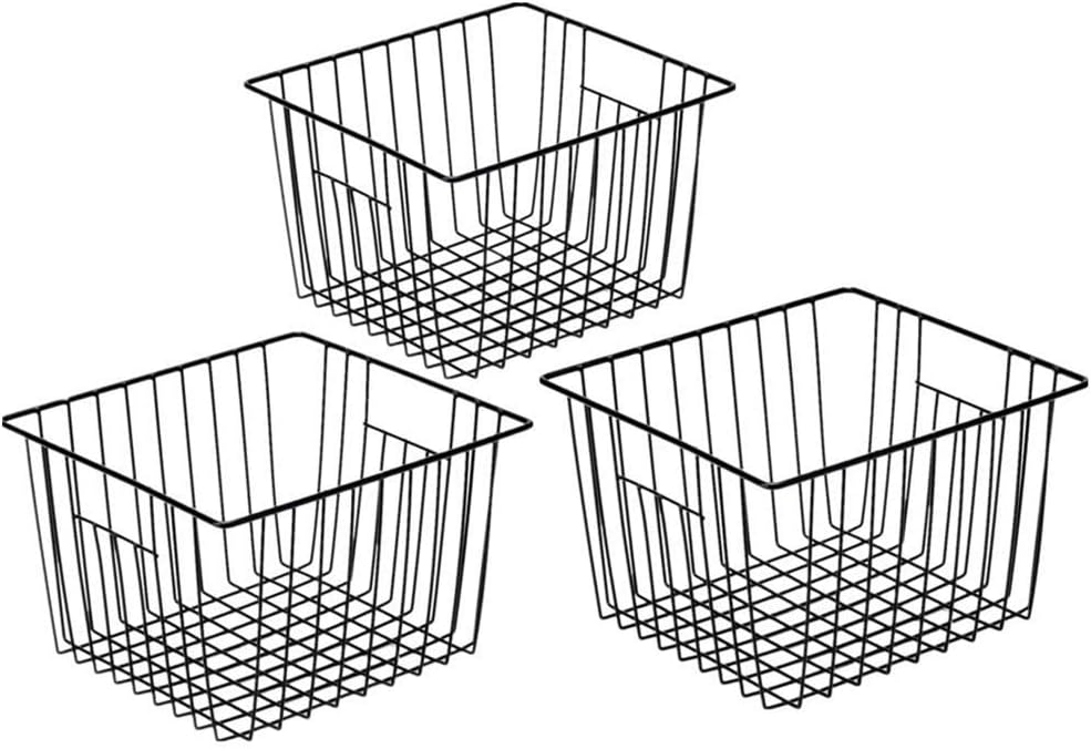 Slideep Wire Baskets Farmhouse Freezer Organizer Storage Bin Basket with Handles, Food Storage for Kitchen Cabinets, Pantry, Closet, Bedroom, Bathroom, Office 3 Pack