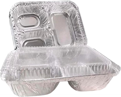 The Baker Celebrations 3 Compartment Aluminum Foil Trays with Lids [30] Pack - 20 oz Disposable Divided Meal Prep Containers - To Go TV Dinner Plates for Takeout & Freezer - Made in USA (8.5" x 6.5")