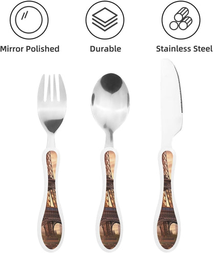 3-Piece Kids Silverware Set With Storage Case, Stainless Steel Reusable Children Safe Knife Spoon Fork Set Black And White Grid Children Flatware Set For Kids Lunch Box