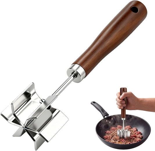 Stainless Steel Meat Chopper, 6 Curve Blades Beef Masher with Wooden Handle