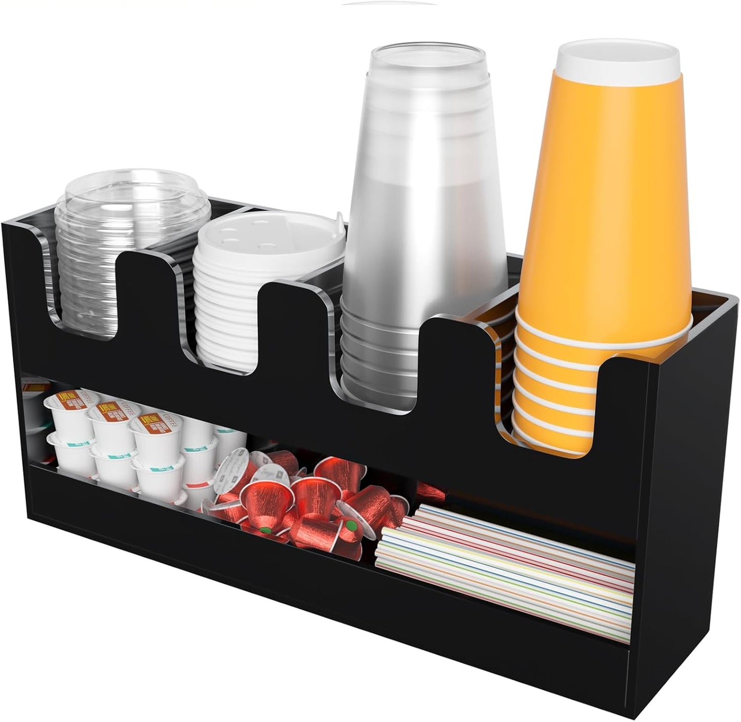 Beego 2-Compartment Cup Holder for Countertop - 2-Tier Clear Acrylic Cup Dispenser Coffee Station Paper Cup and Lid Organizer Condiment Storage for Restaurant Breakroom Kitchen Bar Accessories