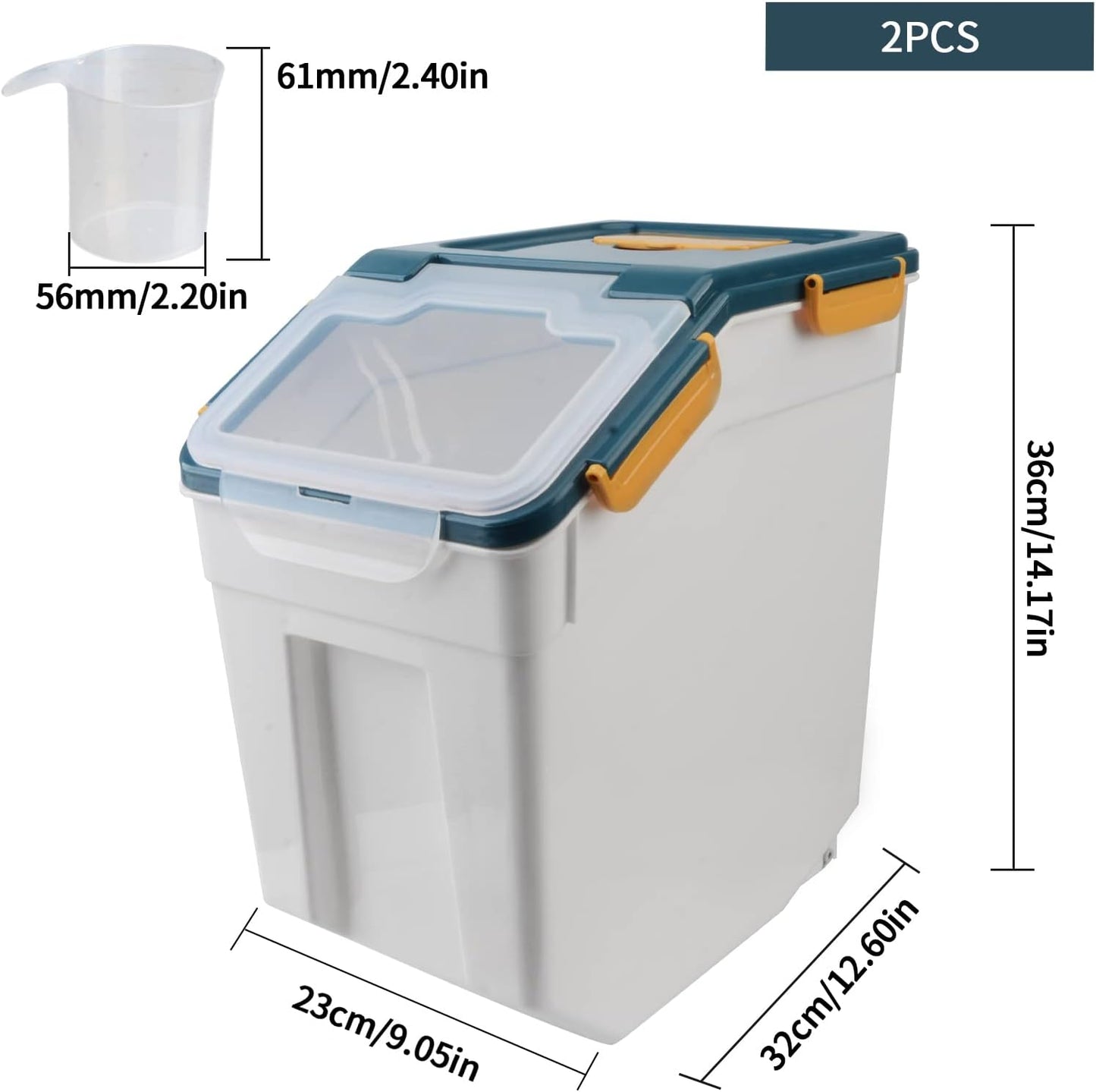 AnRui Airtight Flour Storage Container 25lb, Plastic Grain Storage Bucket, Rice Cereal Dispenser Organizer Box with Lid, Cat Dog Food Storage Bin with Measuring Cup, Scoop, Wheels, 2Pcs Green