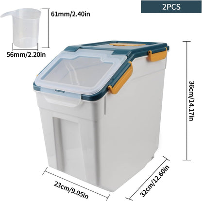 AnRui Airtight Flour Storage Container 25lb, Plastic Grain Storage Bucket, Rice Cereal Dispenser Organizer Box with Lid, Cat Dog Food Storage Bin with Measuring Cup, Scoop, Wheels, 2Pcs Green