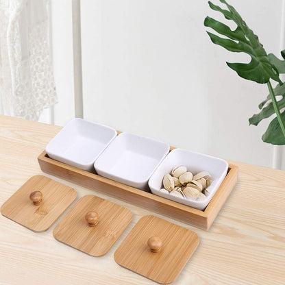 Ceramic Snack Serving Tray Compartment Serving Platter with Lid and Pallets Removable Container Food Storage for Appetizer Condiments Nuts(3 Grid)