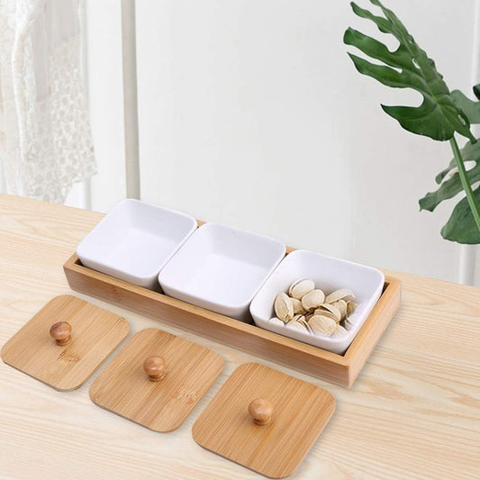 Ceramic Snack Serving Tray Compartment Serving Platter with Lid and Pallets Removable Container Food Storage for Appetizer Condiments Nuts(3 Grid)