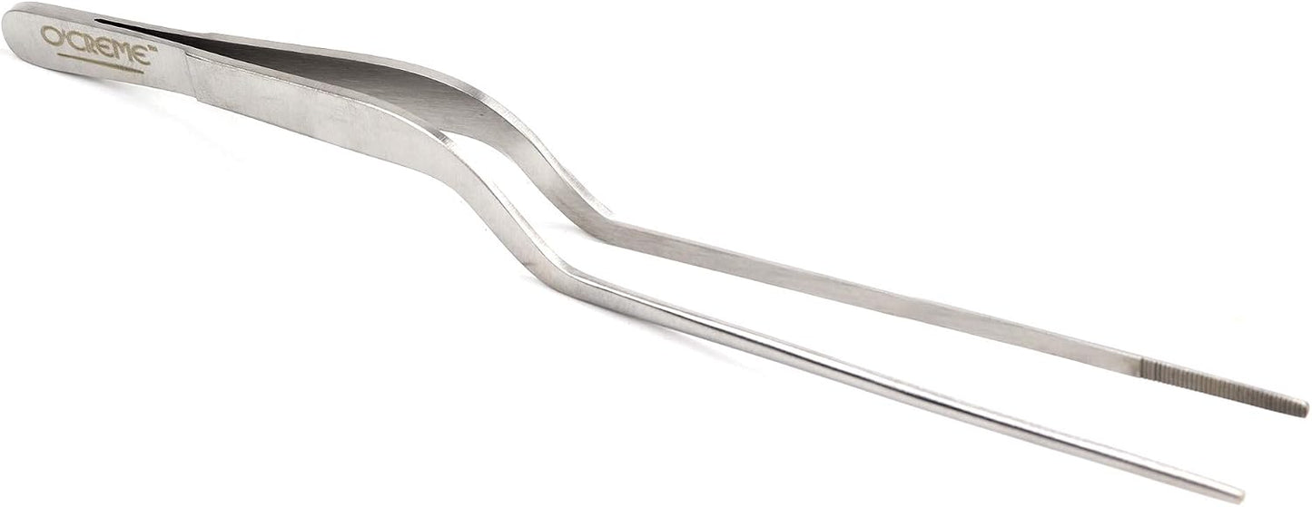 O'Creme 8 Inch Black Stainless Steel Precision Kitchen Culinary Offset Tweezer Tongs