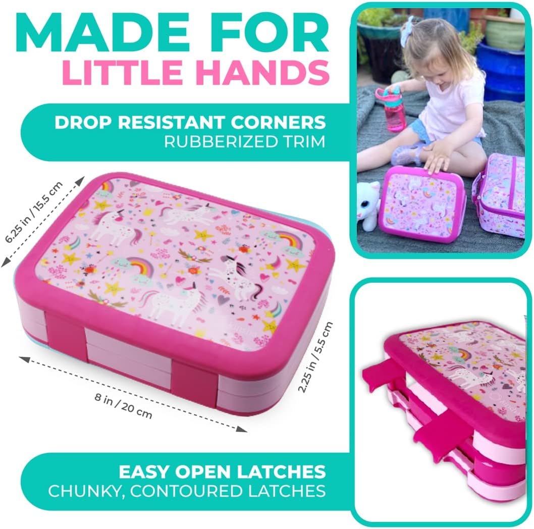 Bento Lunch Box with Bag, Water Bottle & Ice Pack Set for Kids Toddlers, 4 Portion Sections, Removable Tray, Pre-School Boy Toddler Daycare Lunches, Insulated Snack Container, Blue Space Dinosaur