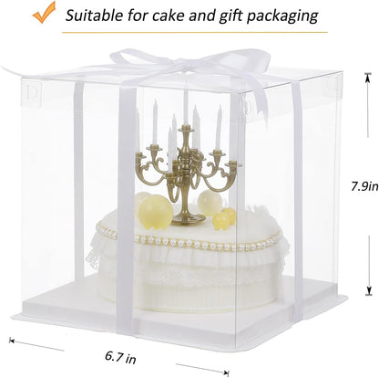 XININSUN 2Pcs Large Cake PET Clear Box, 10" X 10" X 9" with ribbon and pre-folded lid, for 8" cake packing carry, baking cookie display, Carry Tall Layer Gift, Festive Gift Box -White