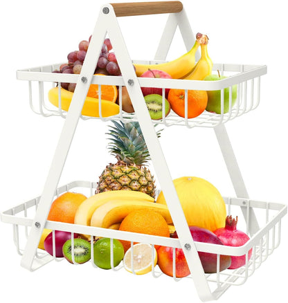 mahueeol 2-Tier Countertop Fruit Basket, Detachable Metal Rectangular Fruit Bowl with Portable Wooden Handle, Multi-Purpose Storage Organizer for Kitchen, Dining Room, Fruits,Vegetables,Bread & Snacks
