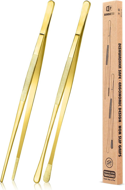 BUNDLEPRO Kitchen Tweezers Tongs with Precision Serrated Tips, 2 Pcs, 12''