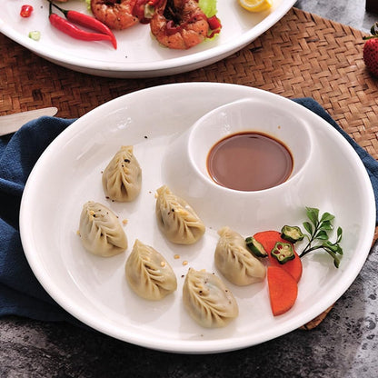 9-Inch White Ceramic in-Dish Serving Plate with Sauce Compartment for Dumplings Snacks and Appetizers - Elegant Dining Solution