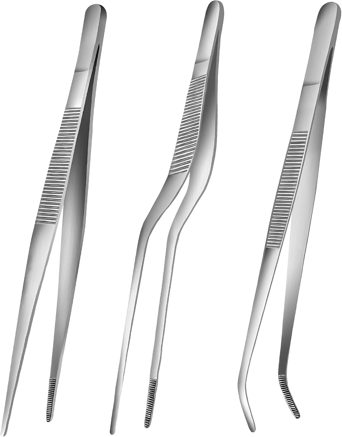 6.3 Inch Food Tweezers Stainless Steel with Precision Serrated Tips, 5PCS Kitchen Tweezers Set for Cooking, Baking, Cookie Cake Decoration, Metal Plating Tweezers